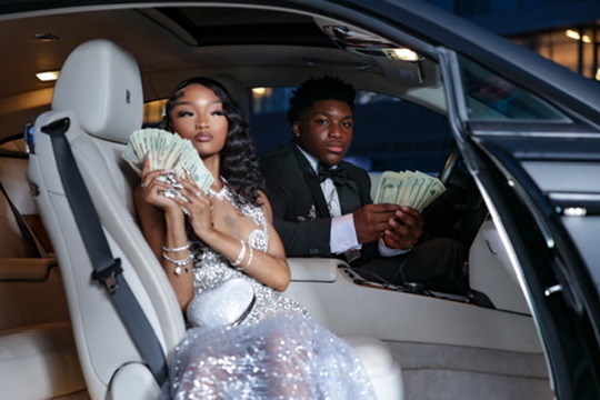 Glam editorial portrait, luxury car interior